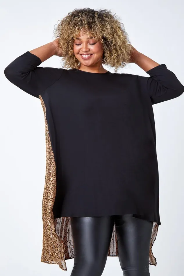 Gold Curve Animal Chiffon Back Stretch Top Women Roman Tops