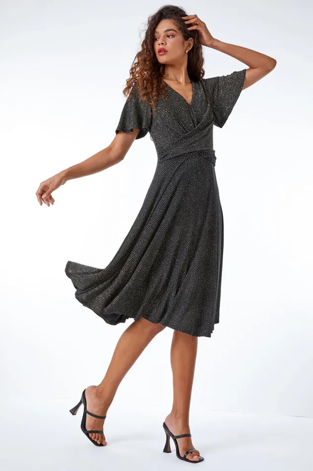 Gold Shimmer Ruched Skater Stretch Dress Women Roman Dresses