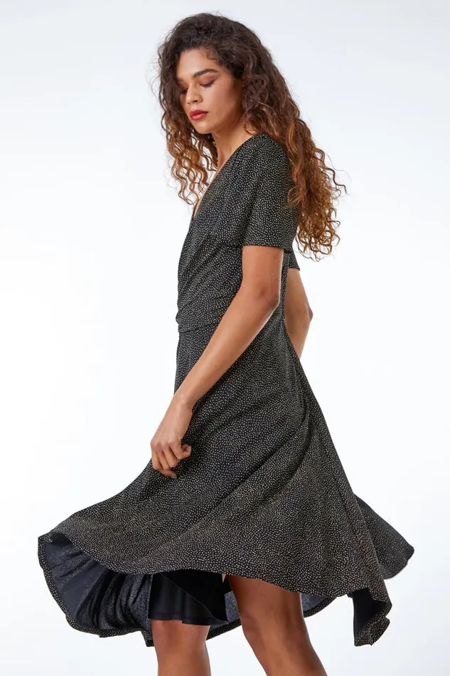 Gold Shimmer Ruched Skater Stretch Dress Women Roman Dresses