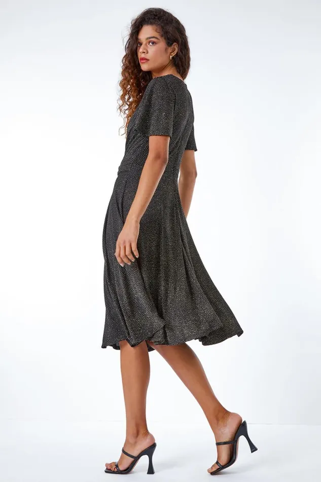 Gold Shimmer Ruched Skater Stretch Dress Women Roman Dresses