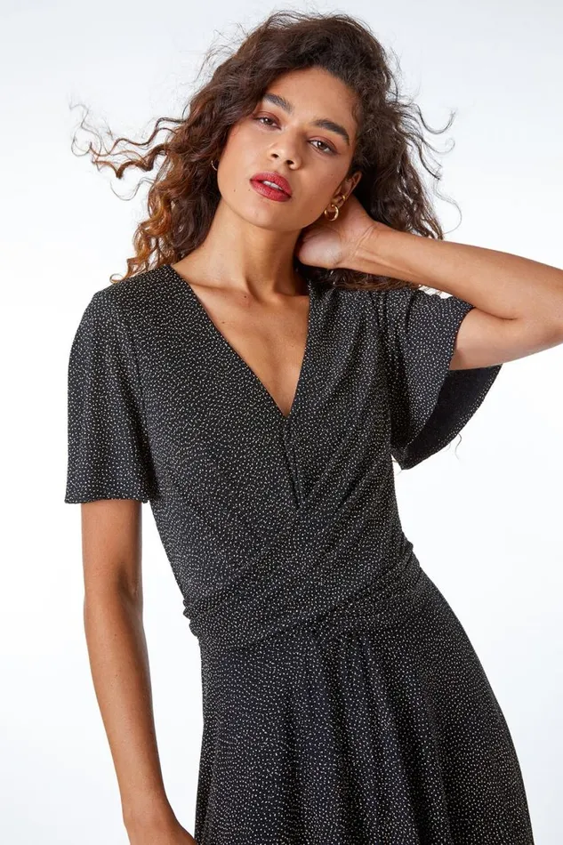 Gold Shimmer Ruched Skater Stretch Dress Women Roman Dresses