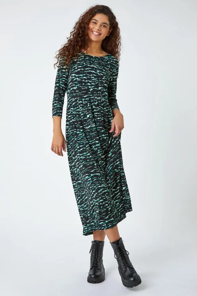 Green Abstract Wave Print Stretch Midi Dress Women Roman Dresses