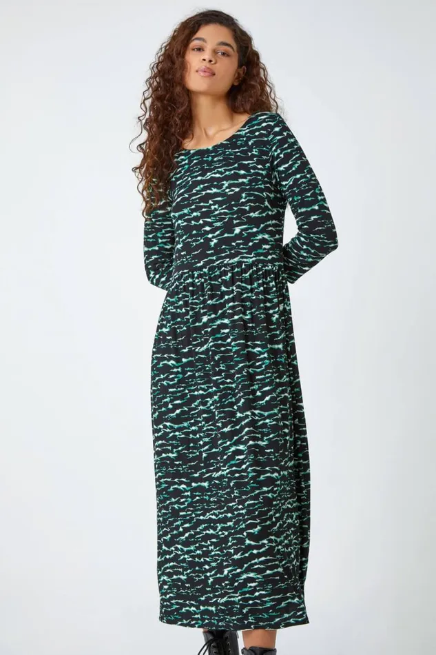 Green Abstract Wave Print Stretch Midi Dress Women Roman Dresses