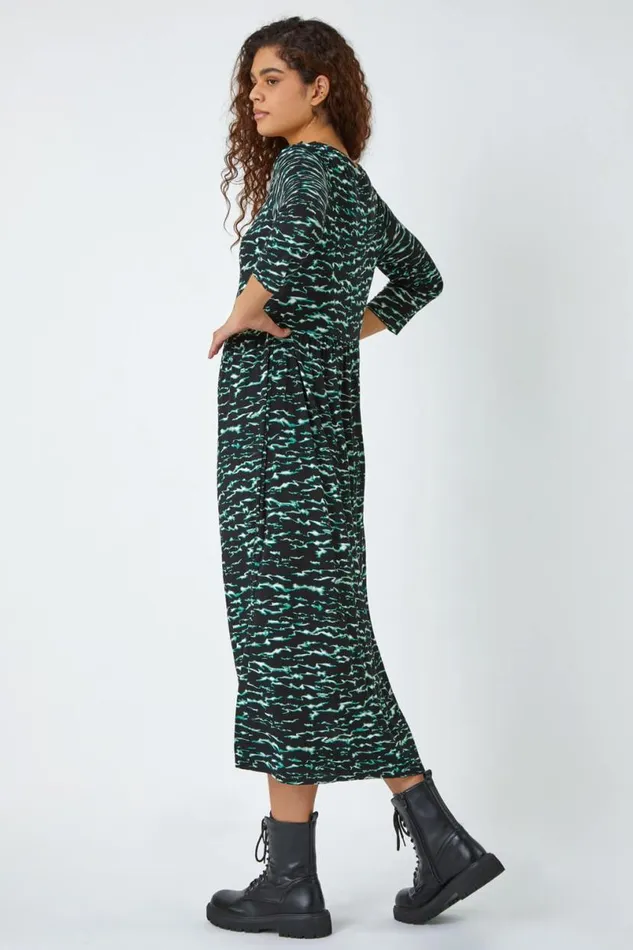 Green Abstract Wave Print Stretch Midi Dress Women Roman Dresses