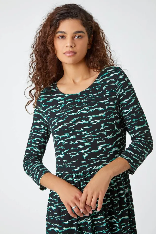 Green Abstract Wave Print Stretch Midi Dress Women Roman Dresses