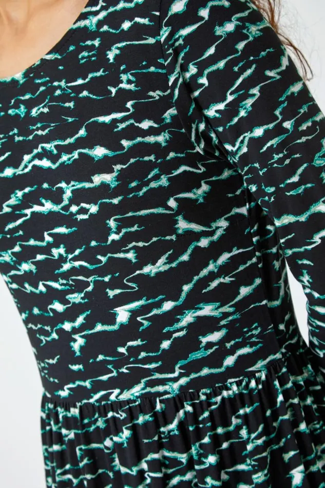 Green Abstract Wave Print Stretch Midi Dress Women Roman Dresses