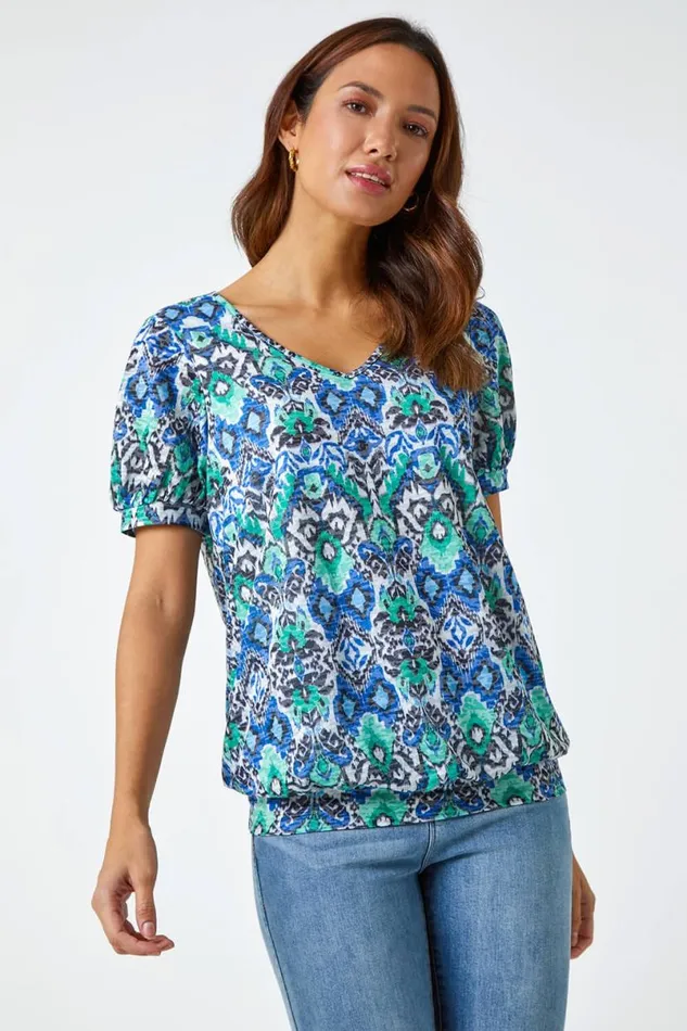 Green Aztec Burnout Print VNeck Blouson Hem Top Women Roman Tops