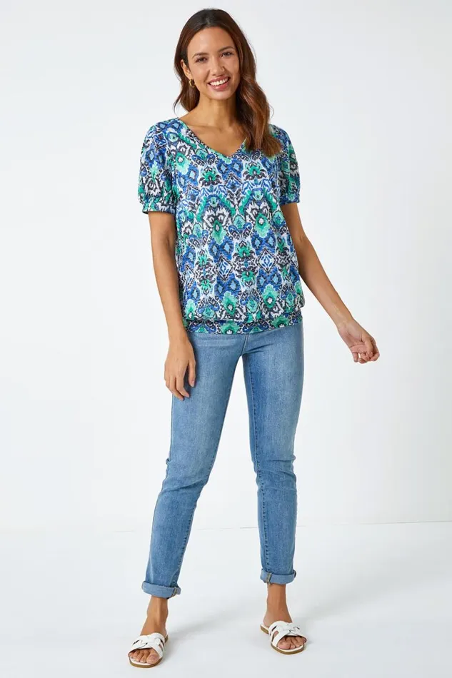 Green Aztec Burnout Print VNeck Blouson Hem Top Women Roman Tops