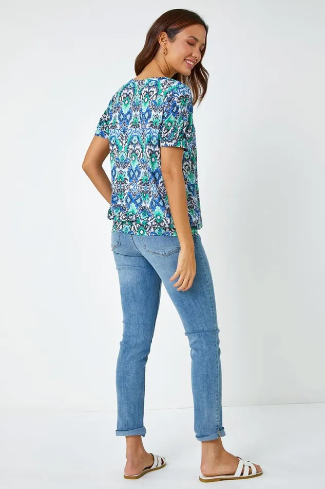 Green Aztec Burnout Print VNeck Blouson Hem Top Women Roman Tops