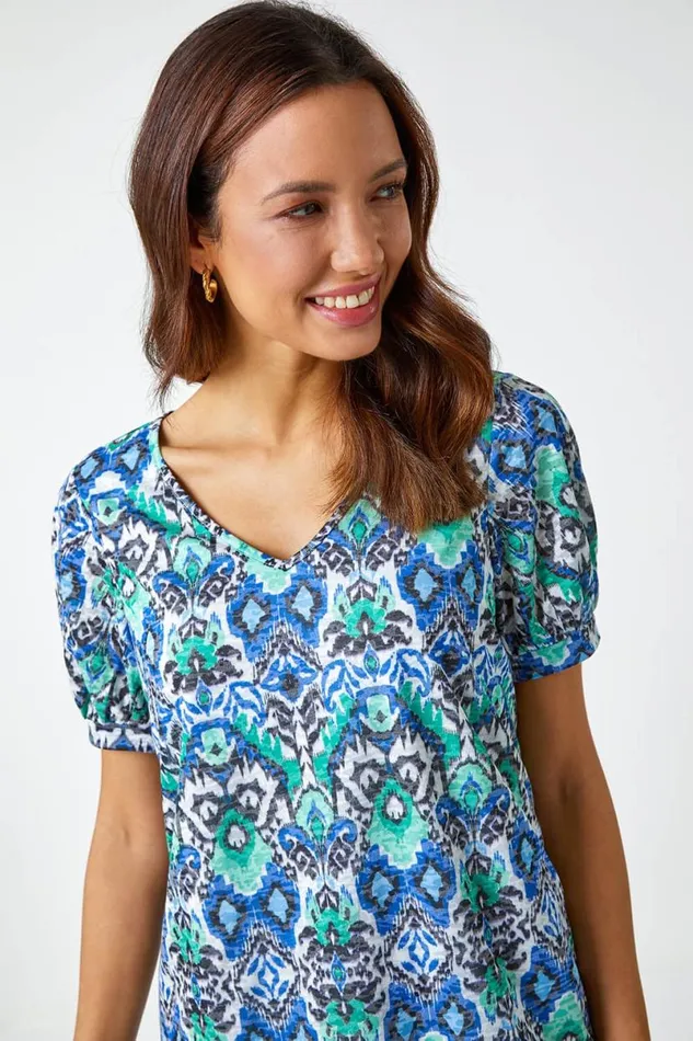 Green Aztec Burnout Print VNeck Blouson Hem Top Women Roman Tops