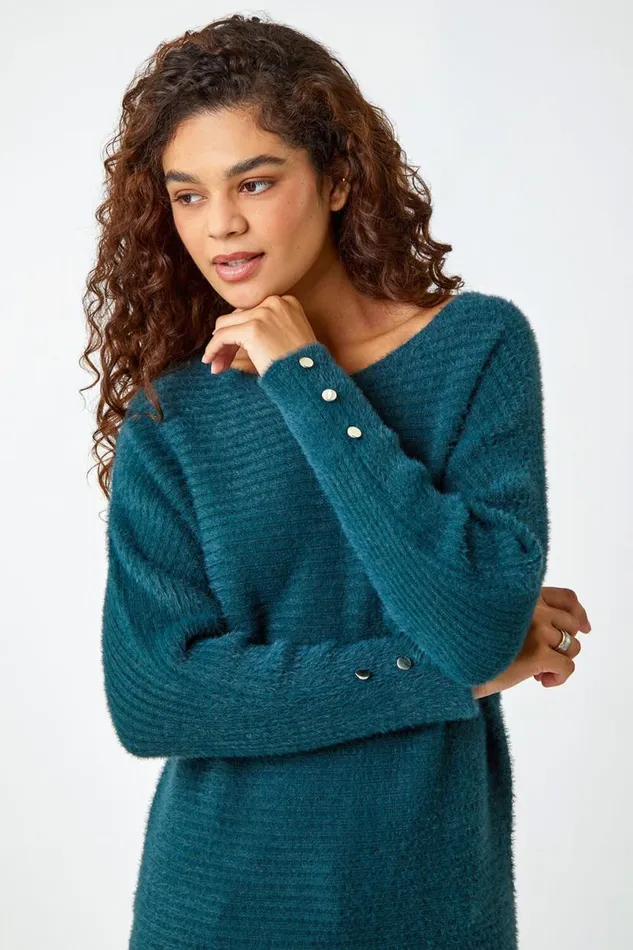 Green Button Sleeve Fluffy Longline Jumper Women Roman Knitwear