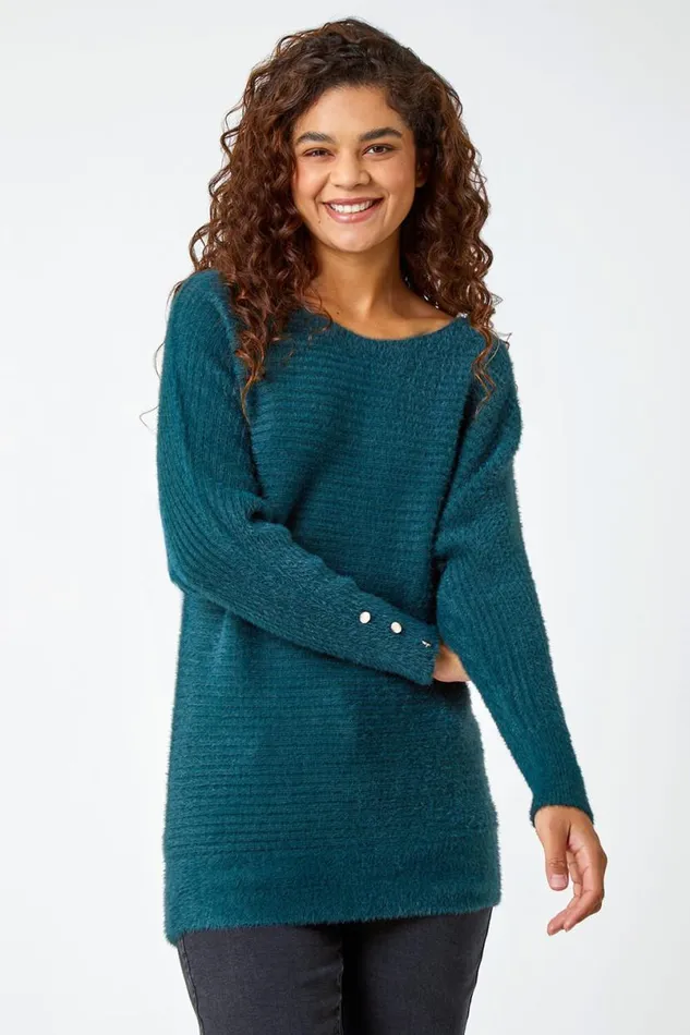 Green Button Sleeve Fluffy Longline Jumper Women Roman Knitwear