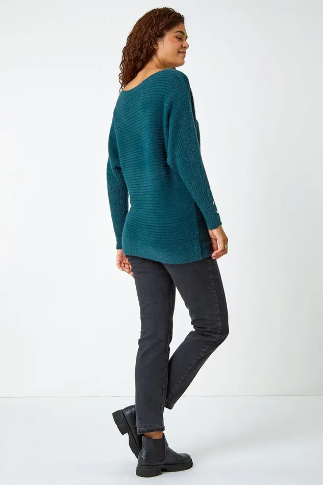 Green Button Sleeve Fluffy Longline Jumper Women Roman Knitwear