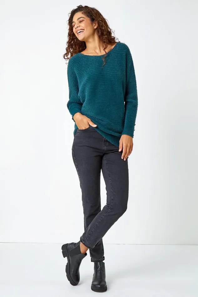 Green Button Sleeve Fluffy Longline Jumper Women Roman Knitwear