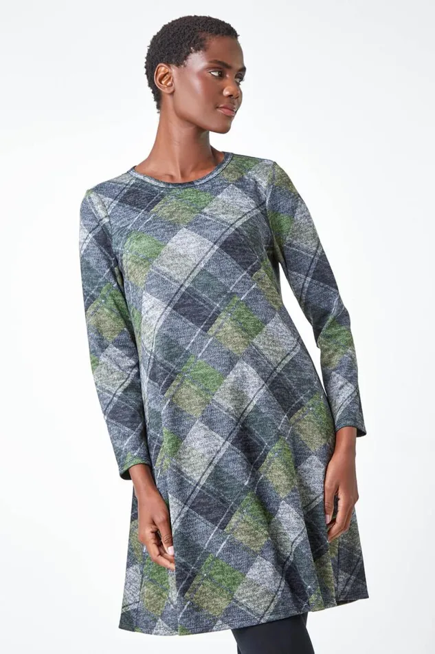 Green Check Print Swing Stretch Dress Women Roman Dresses