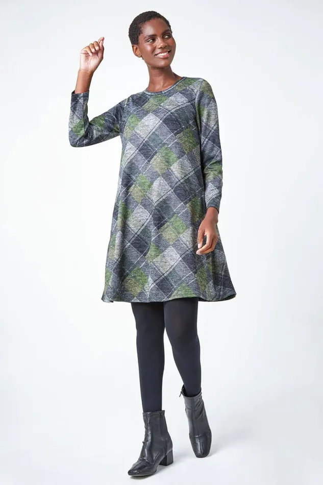 Green Check Print Swing Stretch Dress Women Roman Dresses