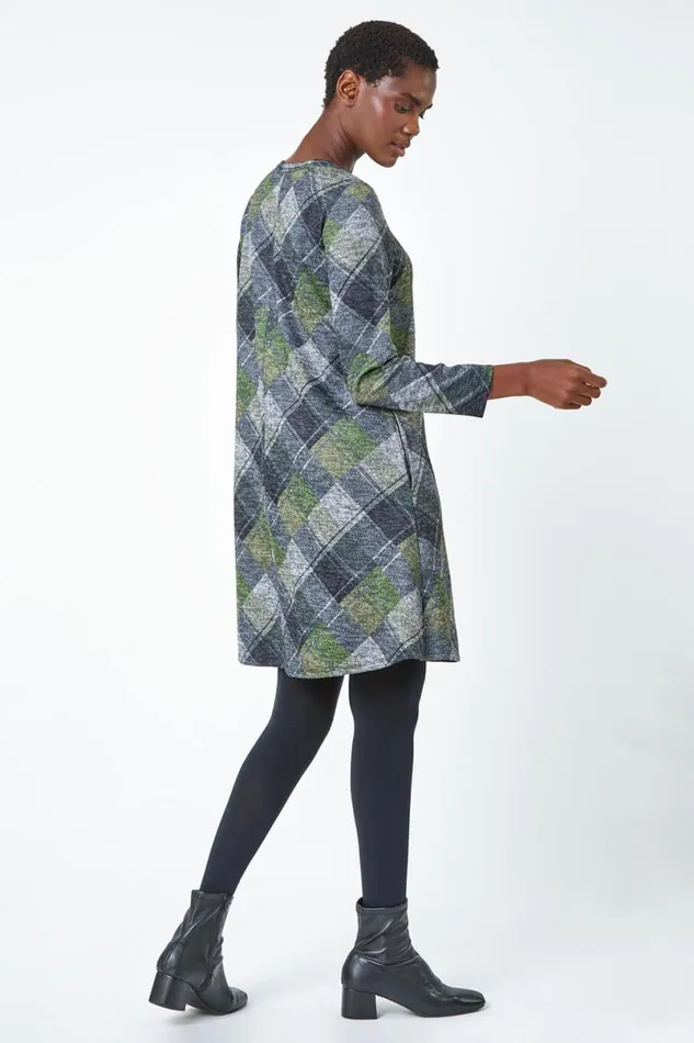 Green Check Print Swing Stretch Dress Women Roman Dresses