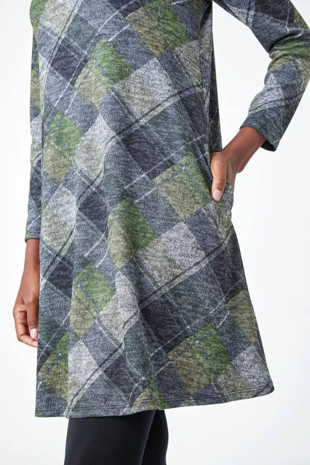 Green Check Print Swing Stretch Dress Women Roman Dresses