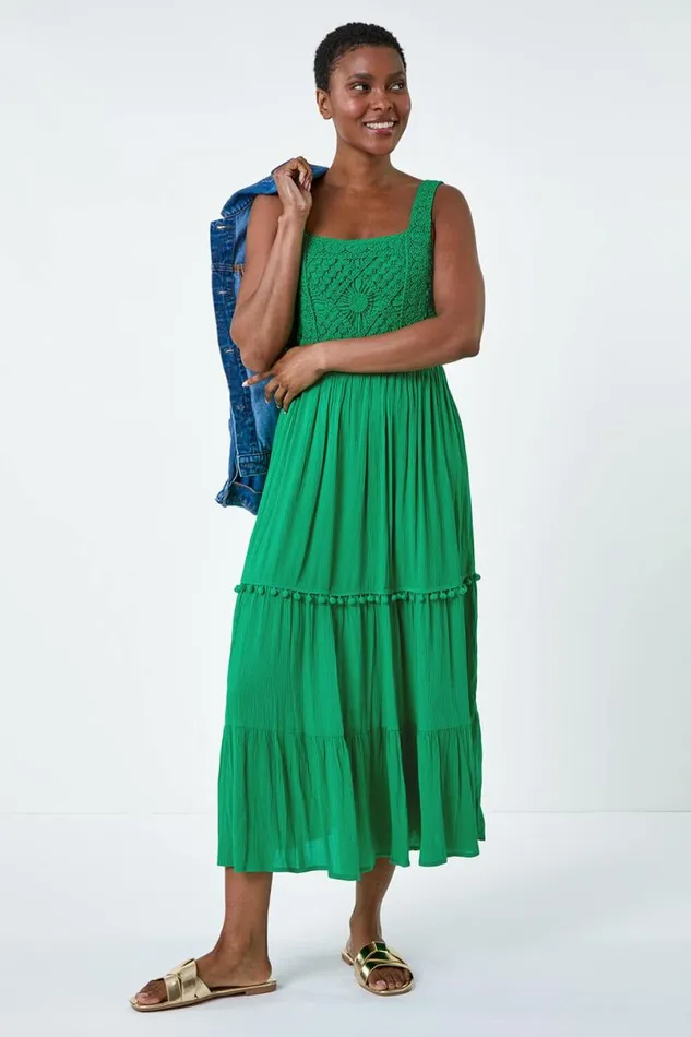 Green Crochet Detail Cotton Blend Maxi Dress Women Roman Dresses