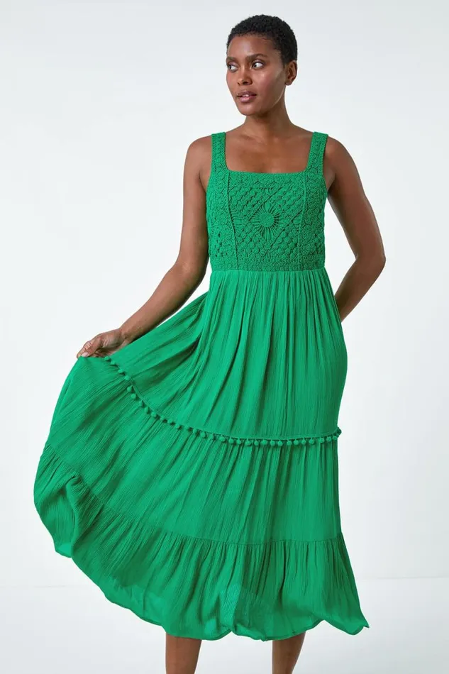 Green Crochet Detail Cotton Blend Maxi Dress Women Roman Dresses