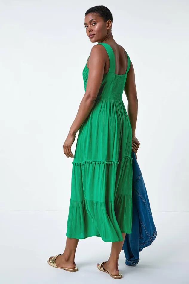 Green Crochet Detail Cotton Blend Maxi Dress Women Roman Dresses