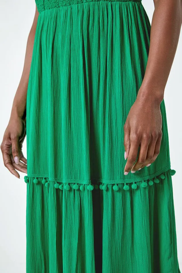 Green Crochet Detail Cotton Blend Maxi Dress Women Roman Dresses