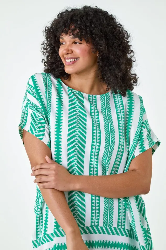 Green Curve Aztec Print Border Hem Top Women Roman Tops