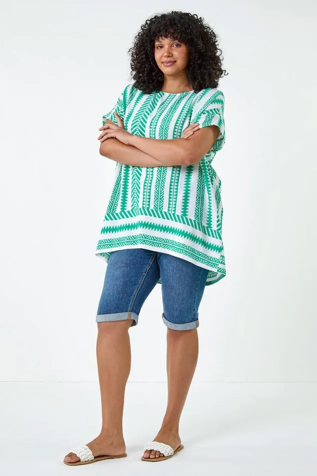 Green Curve Aztec Print Border Hem Top Women Roman Tops