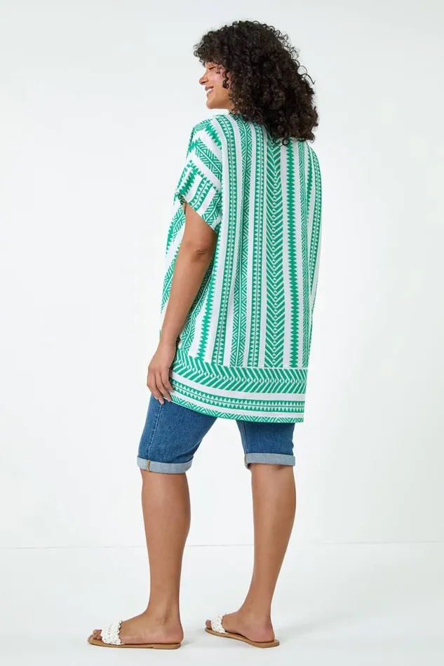 Green Curve Aztec Print Border Hem Top Women Roman Tops