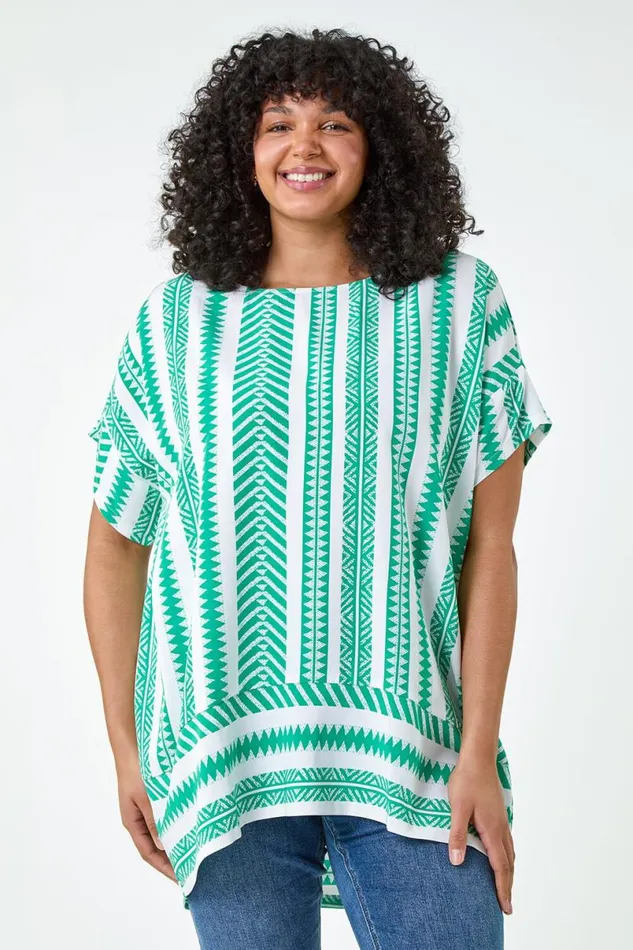 Green Curve Aztec Print Border Hem Top Women Roman Tops