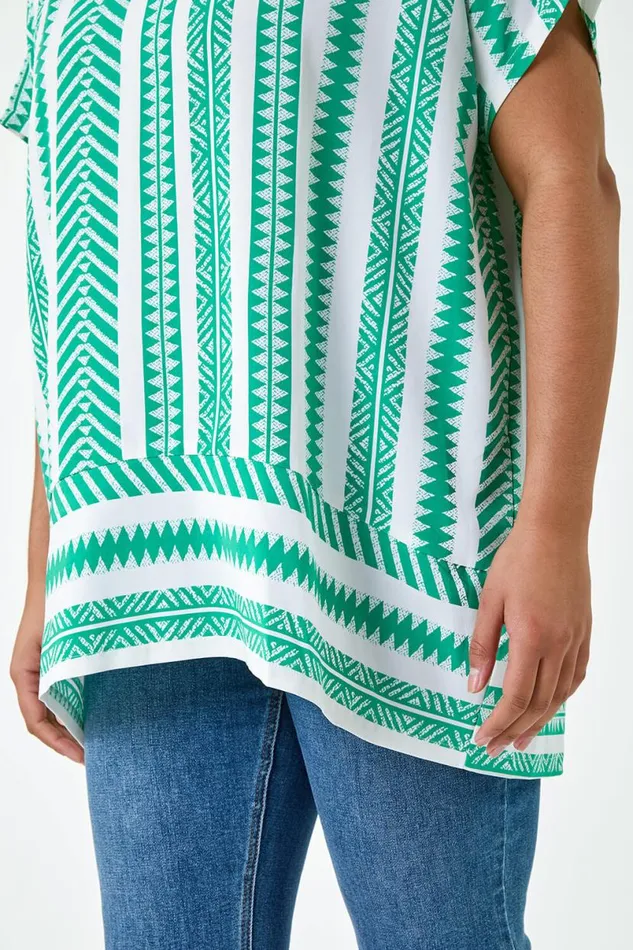 Green Curve Aztec Print Border Hem Top Women Roman Tops