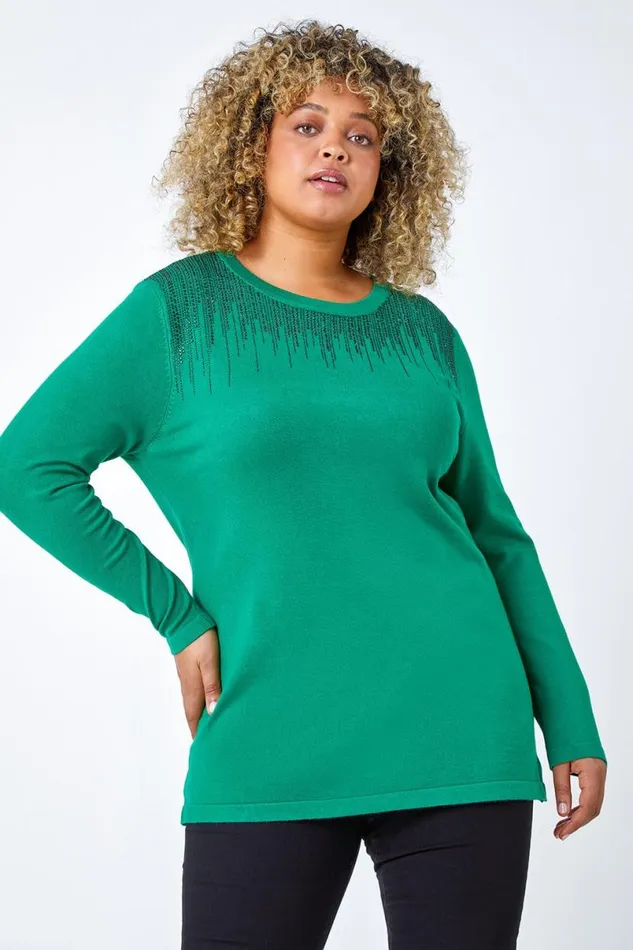 Green Curve Bead Embellished Jumper Women Roman Knitwear