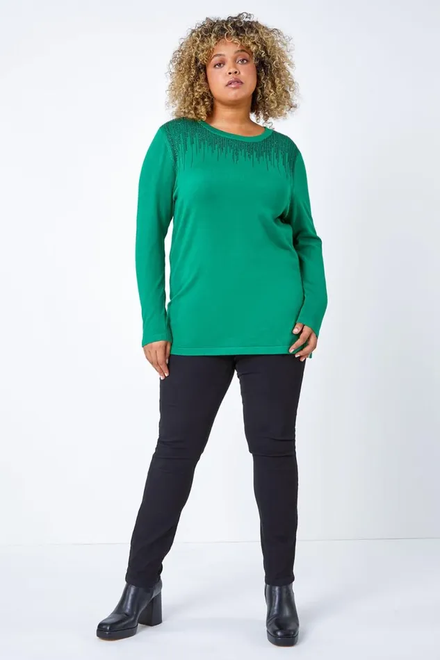 Green Curve Bead Embellished Jumper Women Roman Knitwear