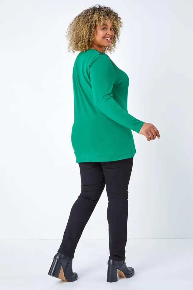 Green Curve Bead Embellished Jumper Women Roman Knitwear