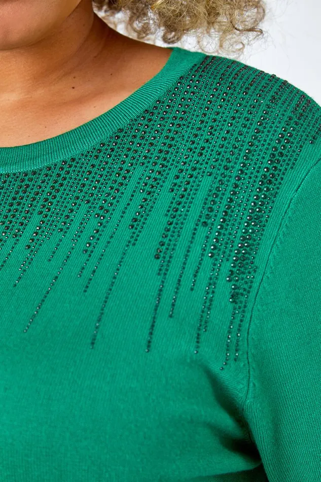 Green Curve Bead Embellished Jumper Women Roman Knitwear