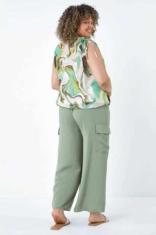 Green Curve Swirl Print Overlay Bubble Hem Top Women Roman Tops