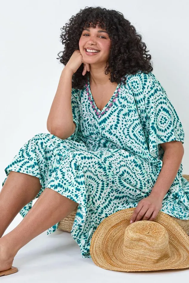 Green Curve Tie Dye Print Bead Detail Kaftan Women Roman Dresses