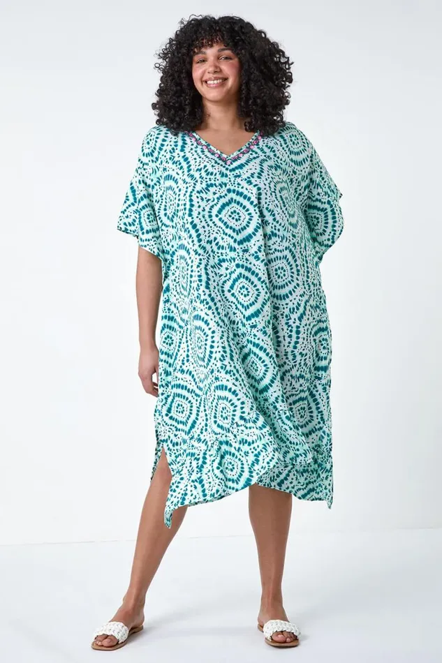 Green Curve Tie Dye Print Bead Detail Kaftan Women Roman Dresses