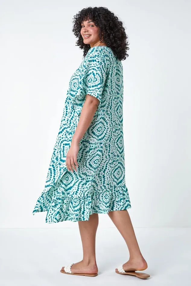 Green Curve Tie Dye Print Bead Detail Kaftan Women Roman Dresses