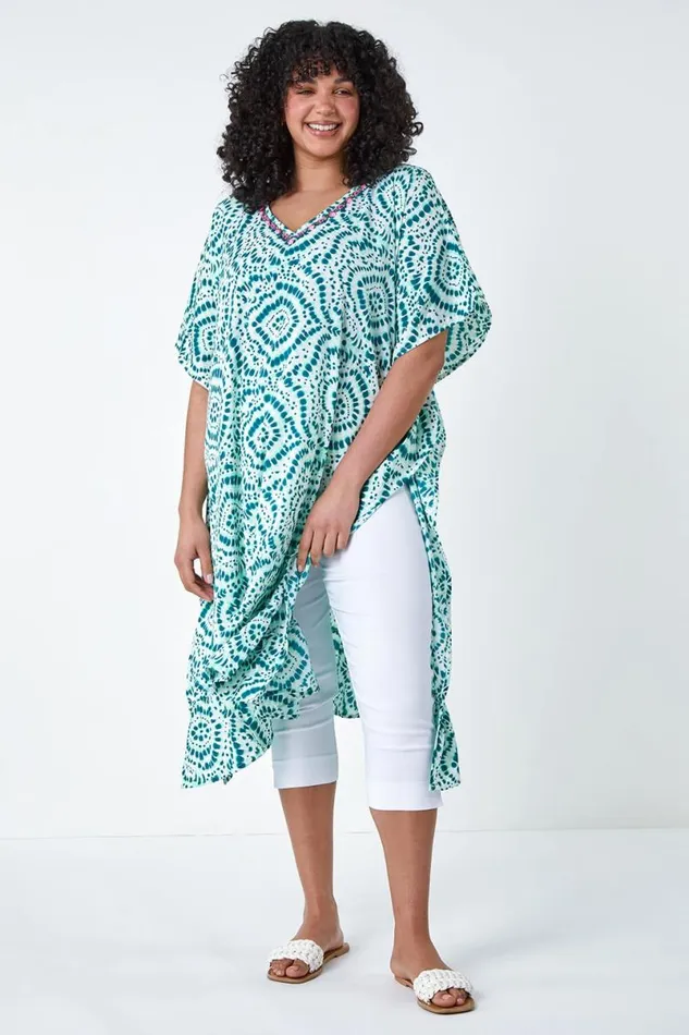 Green Curve Tie Dye Print Bead Detail Kaftan Women Roman Dresses