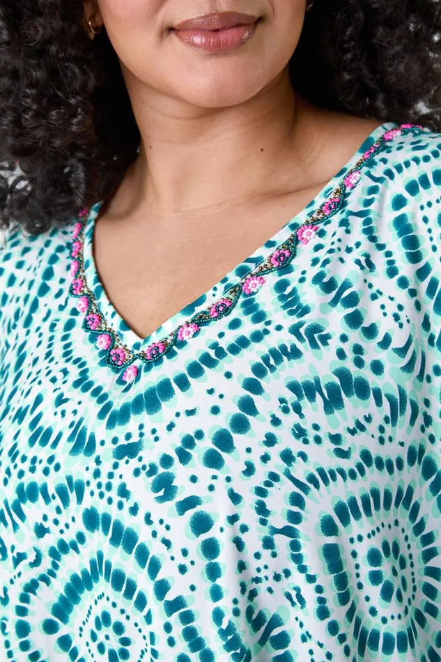 Green Curve Tie Dye Print Bead Detail Kaftan Women Roman Dresses