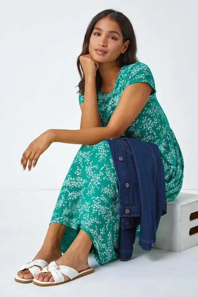 Green Ditsy Gathered Skirt Stretch Midi Dress Women Roman Dresses