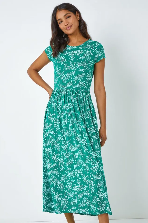 Green Ditsy Gathered Skirt Stretch Midi Dress Women Roman Dresses