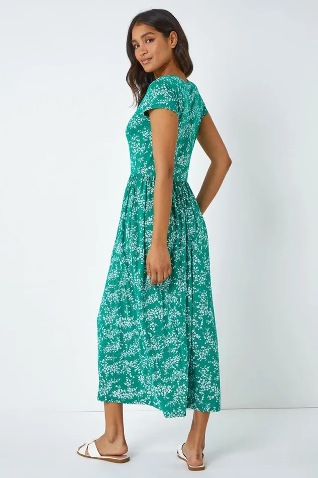 Green Ditsy Gathered Skirt Stretch Midi Dress Women Roman Dresses