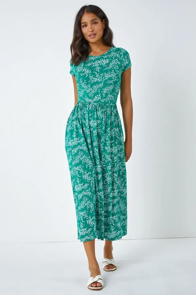 Green Ditsy Gathered Skirt Stretch Midi Dress Women Roman Dresses