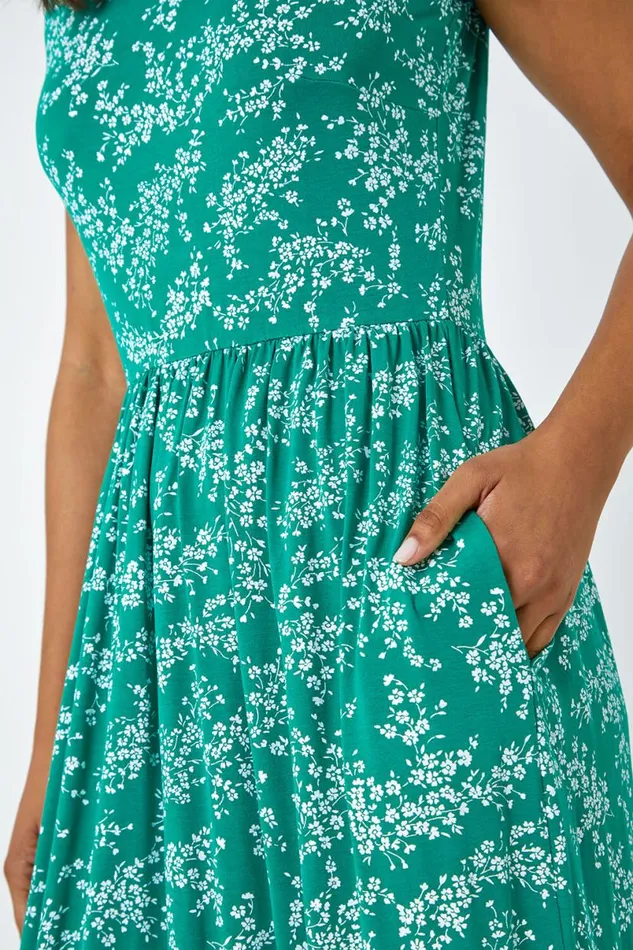 Green Ditsy Gathered Skirt Stretch Midi Dress Women Roman Dresses