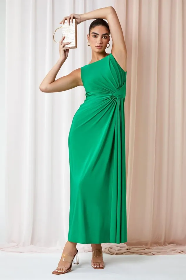 Green Drape Twist Stretch Ruched Maxi Dress Women Roman Dresses