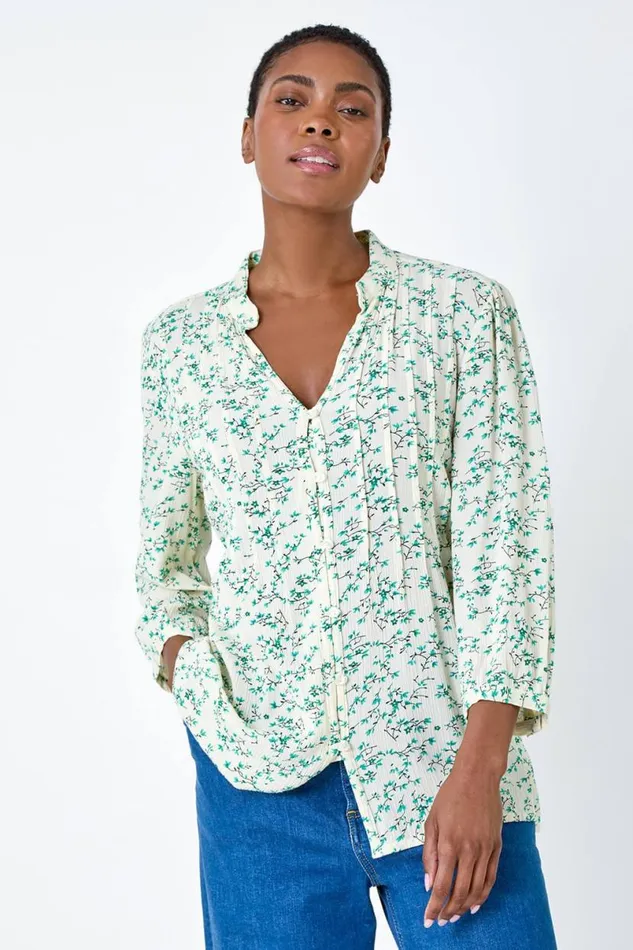 Green Floral Crinkle VNeck Pintuck Top Women Roman Tops