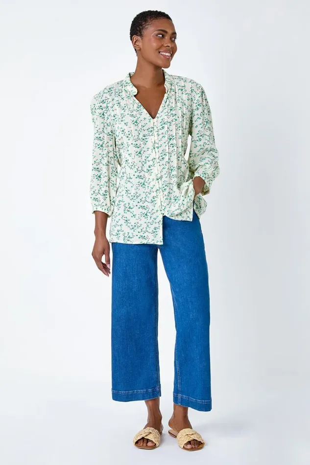 Green Floral Crinkle VNeck Pintuck Top Women Roman Tops