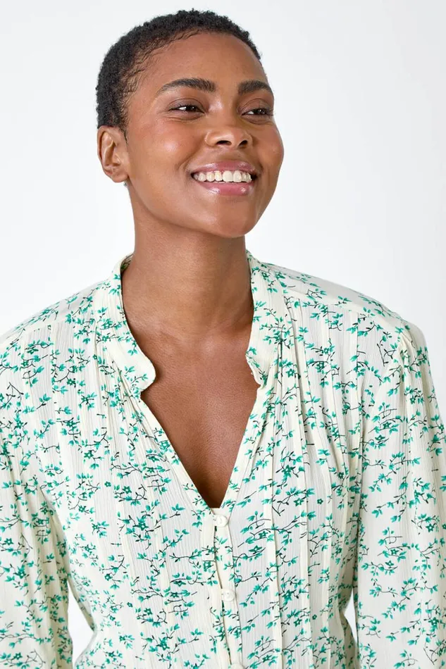 Green Floral Crinkle VNeck Pintuck Top Women Roman Tops